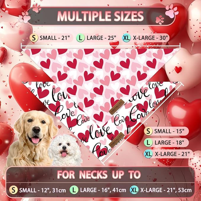 Valentines Day Dog Bandanas, 2-Pack Triangle Reversible Valentine Pet Scarves, Premium Fabric, Bandana for All Boys Girls Dogs (XL, Style 1)