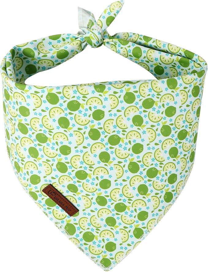 Summer Dog Bandana, UP URARA PUP Lime Triangle Bid, Clover and Bow Pattern Scarf for Medium Large Dogs, Cotton Kerchief for Girl Boy Puppies, Cute Summer Green Bandana,L