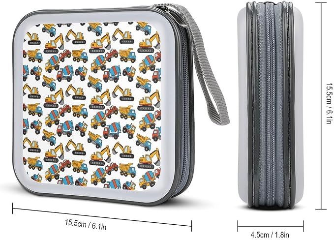 Protective CD Case 40 Capacity Excavators Cars Disc Holder Storage Binder | DVD Organizer Wallet, Excavators Cars Construction Tractor, Sturdy Portable for Movie Music Game Disc