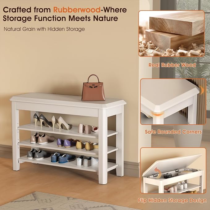 IUNVR Shoe Rack Bench Seat Rubberwood 3-Tier Wooden Storage Bench 550lbs Compact Mid-Century Modern Design for Entryway, Hallway, Closet, Front Door Entrance, Foyer