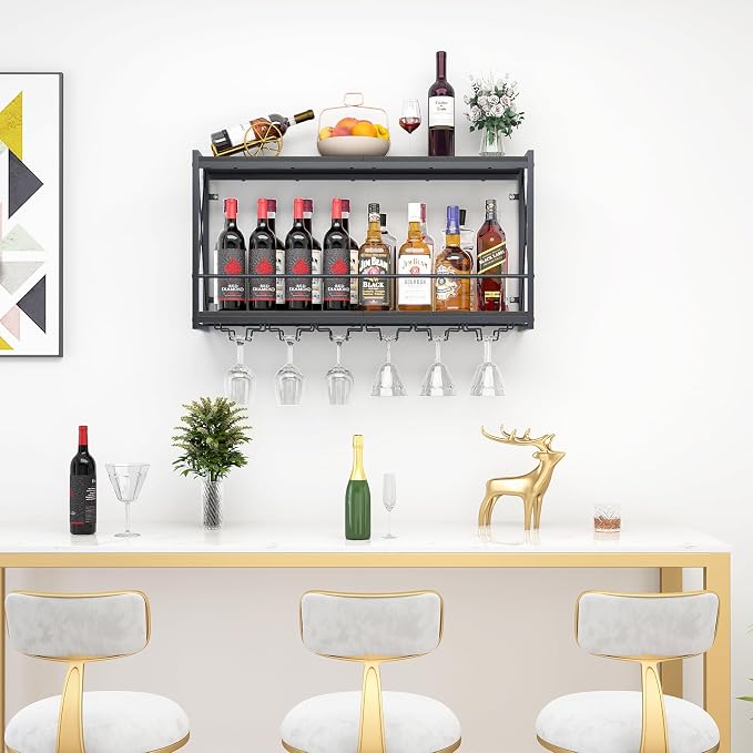 Dokser Wine Rack Wall Mounted Shelf - 2 Tier Wine Bottle Holder for Kitchen | Black 2 Tier Wall Wine Rack with Rustic Wood & Industrial Iron Frame Wine Bottle Holder for Dining Room, Home Bar Decor 31.5"