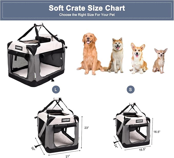 Jespet 3 Door Soft Dog Crates Kennel for Pets, Folding Travel Pet Carrier | 3 Mesh Doors 30'' Dog House, Large Pocket, Easy to Install, Steel Frame, Removable Crate Pad, For Indoor & Outdoor