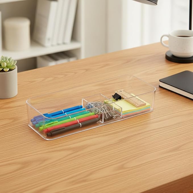 Durable PET Plastic Desktop Organizer, Transparent Storage Bin for Office Desk and Drawer Organization