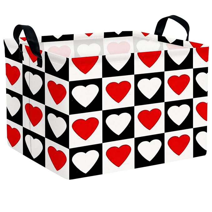 Cute Large Valentine's Day Gift Basket Empty Heart Decor Storage Bin for Kid Baby Room Décor (Checkered Red and White)