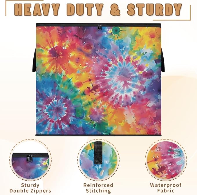 Tie Dye Large Storage Bags, Fabric Bed Storage Containers, Foldable Closet Organizers for Blanket, Clothing, Comforter, Bedding, Colorful