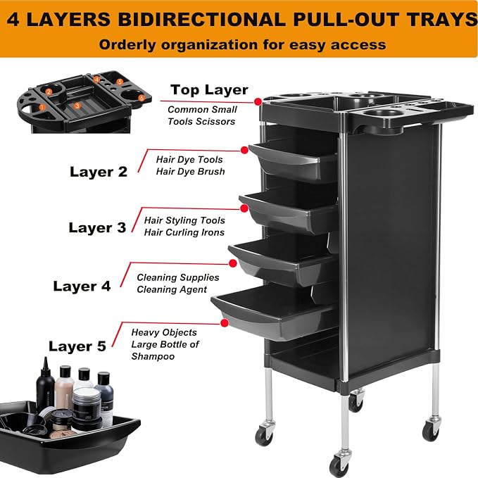 Salon Trolley Cart, 6-Layer Hair Stylist Cart with Wheels,Portable Salon Station Rolling Storage Trolley with Worktop Trays for Barbering or Hairstyling Beauty SPA Tattoo Service (Black)