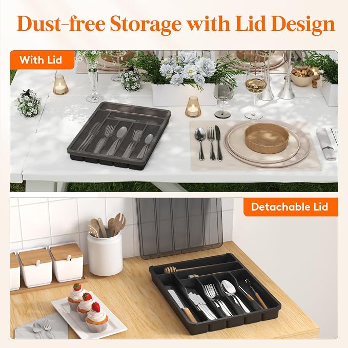 Lifewit Silverware Organizer with Lid, Covered Utensil Tray, 11.3x14.4 | Plastic Cutlery Storage Box for Kitchen Drawer and Countertop, Flatware Case Holder for Spoons Forks Knives, Black