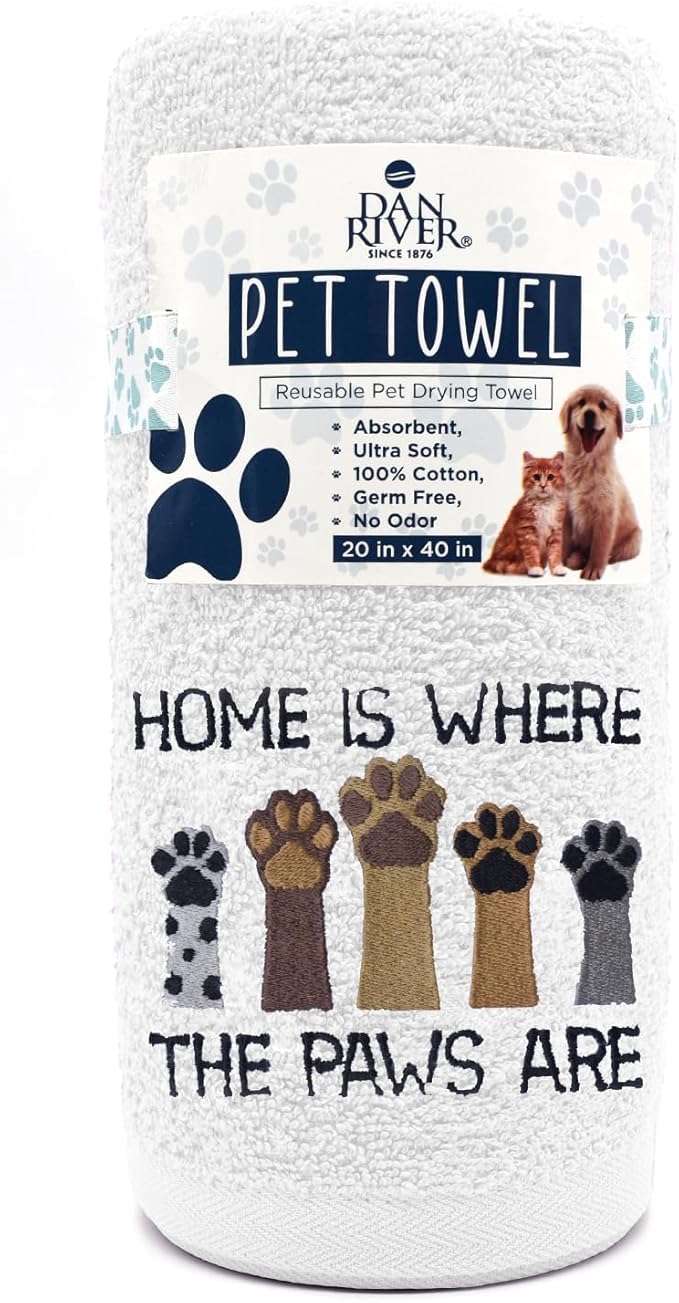 DAN RIVER Dog Towel - Pack of 1, 100% Cotton, 20x40, Ultra Soft, Super Absorbent & Quick Drying Towel for Dogs, Cats, and Other Pets, White Home.