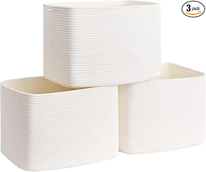 3 Pack Cube Storage Bin, 17”x12”x12” Cotton Rope Woven Baskets for Organizing Toys Clothes Towels, Square Gift Storage Baskets for Shelves, Nursery, Closet, Bathroom, Pantry (White)