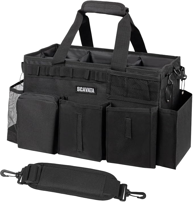SCAVATA Wearable Cleaning Caddy Bag, Supplies Organizer with Handle & Shoulder Straps for Housekeepers, Under Sink & Car Cleaning Tool Organizer with 4 Foldable Dividers (Black)