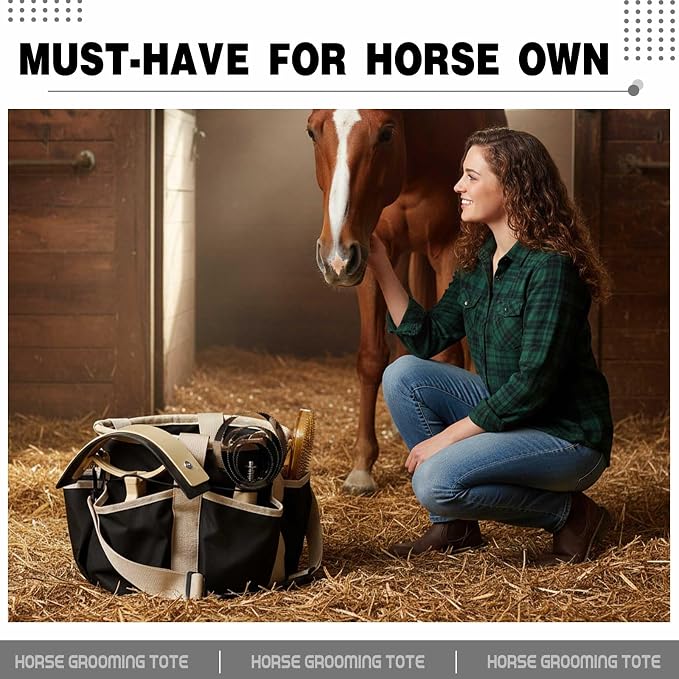 Abbylike Grooming Tote,Stylish,10.63 x 10.63 x 9.45 Inch,Khaki and Black | Tote Bag for Horses and Dogs, Organize Tack Tools Equestrian Grooming Kit, Care Portable with Multiple Pockets for Supplies