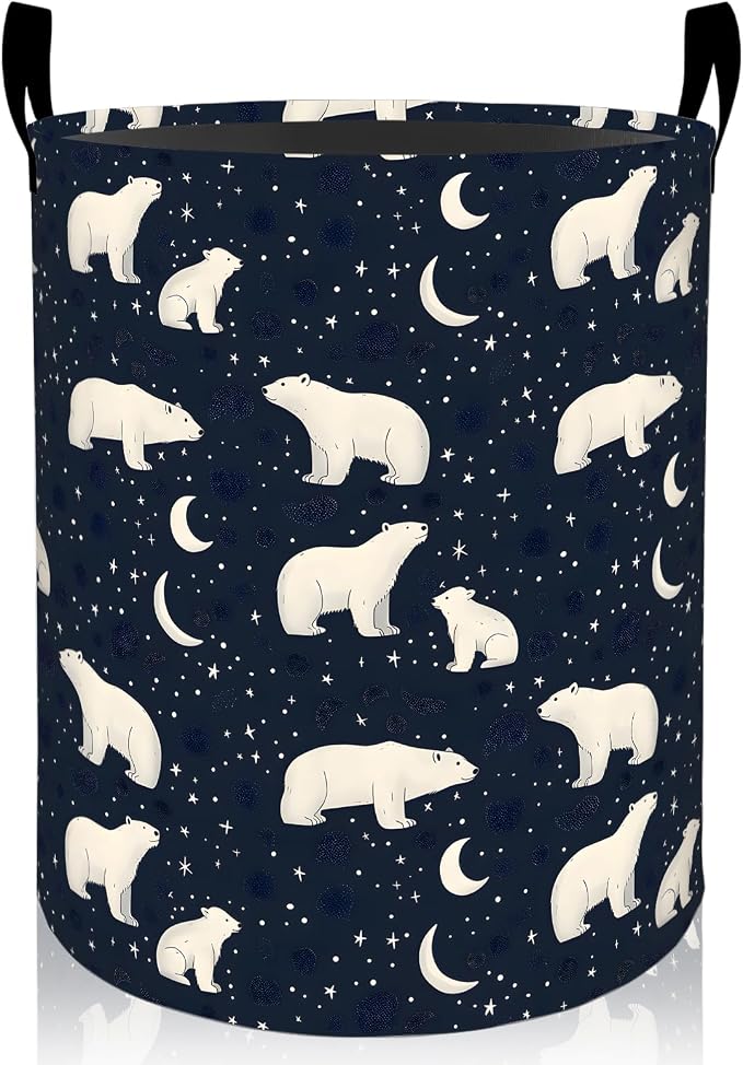 Cute Polar Bear Laundry Basket, Star and Moon Oxford Cloth Dirty Clothes Collapsible Hamper for Room Decor, Night Sky Winter Gifts, Toy Organizer 19.7 x 15.7 Inches for Bedroom Bathroom Dorm
