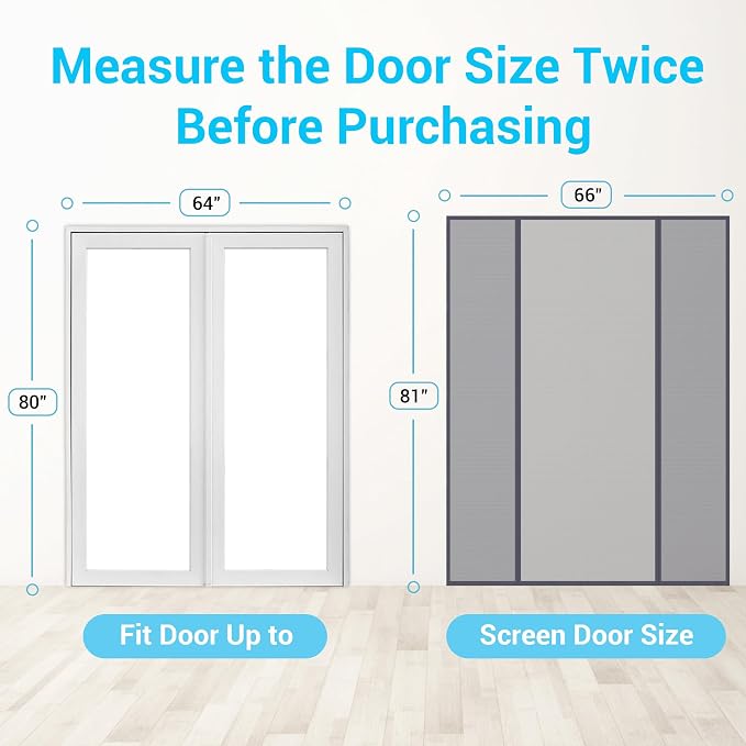 TheFitLife Fibreglass Double Door Magnetic Fly Screen, Heavy Duty Curtain | 66"x81" - Fits Doors up to 64"x80" Max, Gray, with Full Frame Hook & Loop Powerful Magnets, Pet & Kid Friendly, Hands Free