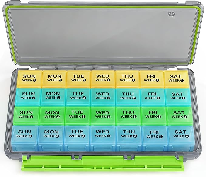 BUG HULL Monthly Pill Organizer, Moisture-Proof Large 28 Days Pill Box with Removable 4 Weeks Pill Case Rows, Medicine Pills Organizers, Travel Pill Organizer with One Month Pill Container-Grey