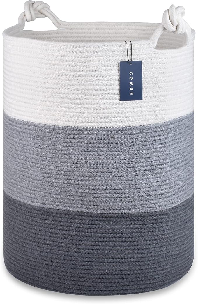 COMSE Laundry Hamper, Extra Large 15.7"x 21.7", Cotton Rope Basket, Portable, White & Light Gray & Dark Gray | 15.7”x 21.7”, Cotton Rope, Large Nursery Hamper for Storage of Toys Clothes Towels, Great for Living Rooms Bedrooms Bathrooms