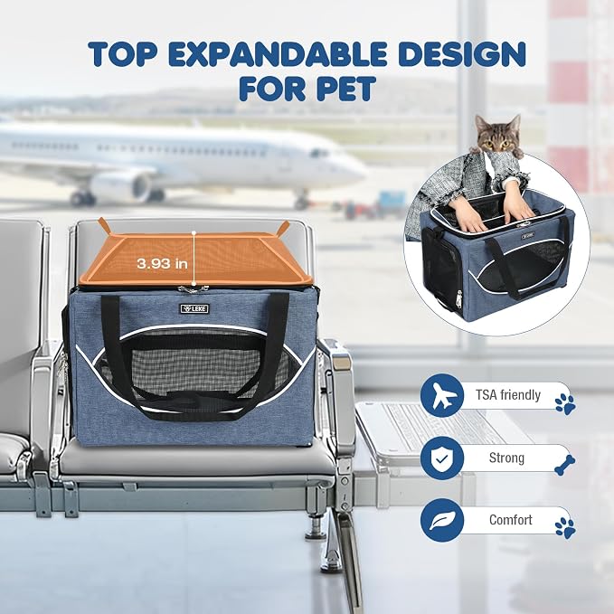 Lekereise Top-Expandable Pet Carrier 18x11x11Inch Delta American United Airline Approved Underseat to 15lbs Stable Car Travel Carriers for Small Dogs Cats with Locking Safety Zippers Anti-Scratch Mesh