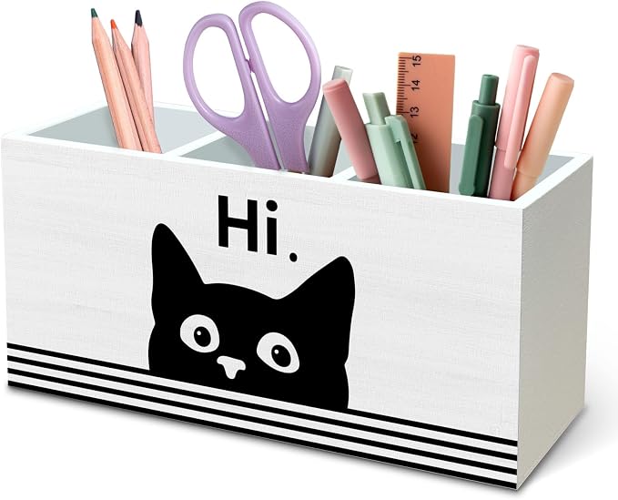 DILSJ Funny Black Cat Pen Pencil Holder Organizer for Desk, Black Cat Lovers Gifts for Women Men, Gifts for Pet Lovers, Hi Funny Kitten Wooden Box Signs for Home Office Desk Tabletop Decoration
