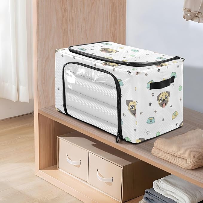Pet Dog White pattern Under Bed Storage Containers with Double Zipper Openings, Foldable Clothes Storage Bins with Clear Window and Handles for Comforters Bedding Blankets
