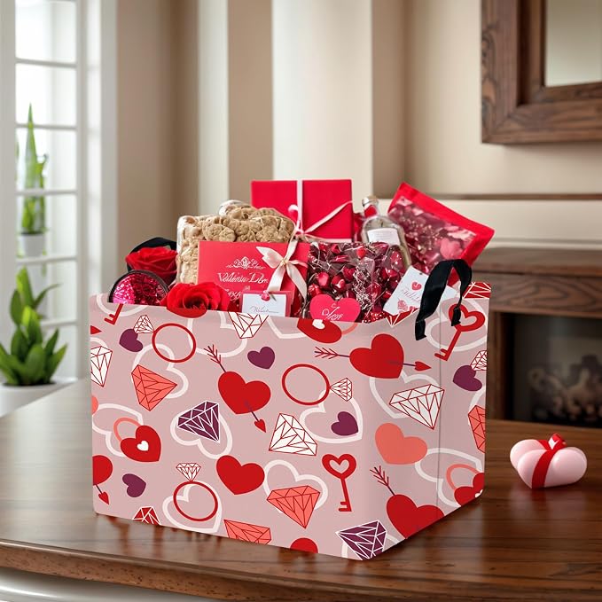 Valentine's Day Basket Gift for Empty Cute Heart Large Storage Bin for Kid and Baby Room Décor (Diamond Key Lock Love)