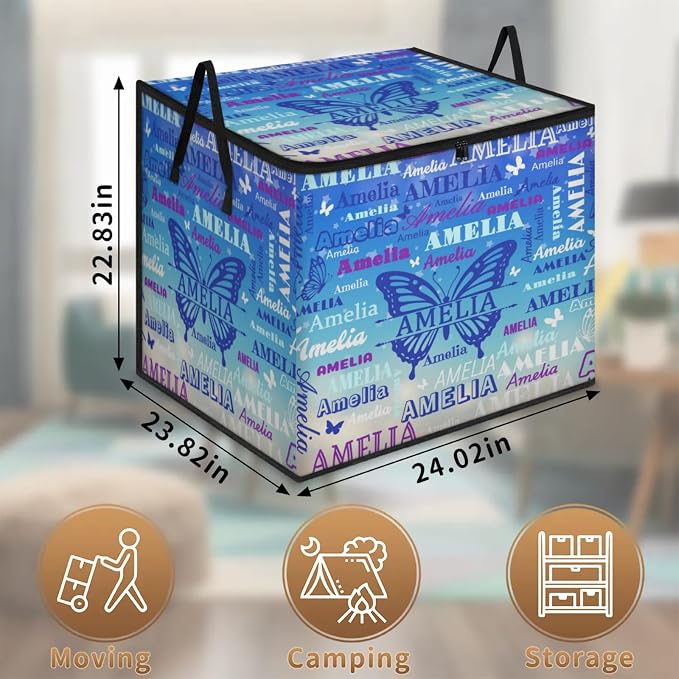 Custom Extra Large Storage Baskets with Lid, Personalized Storage Bins Basket Boxes Handles for Clothes Blanket Bedroom Closet Organizing Toys Shelves, Gradient Light Blue with Butterflies