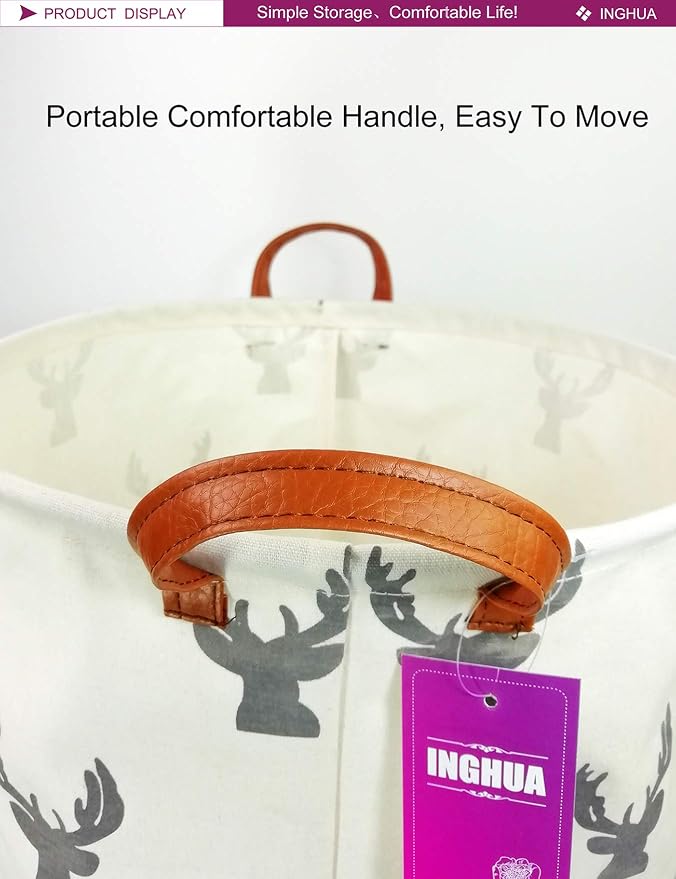 Laundry Hamper Large Canvas Fabric Storage Basket Grey deer | Organizer Bin Dirty Clothes Collapsible Waterproof for College Dorms, Boys and Girls Bedroom,Bathroom
