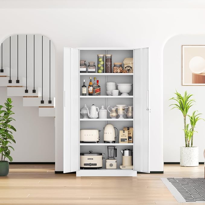 Crownland 72" Metal Storage Cabinet, Lockable Garage Storage Cabinets, High Office Cabinet with Adjustable Shelves for Home Office, Pantry, Garage, Classroom, File(White-Narrow Size)