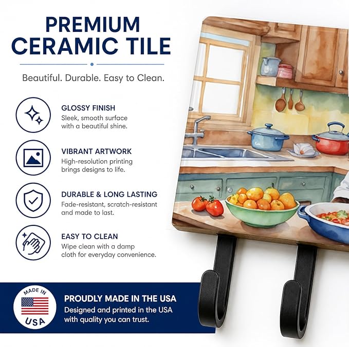 Caroline's Treasures Boykin Spaniel The Chef Leash or Key Holder Wall Hooks, Key Hooks Holder, Coat Rack Wall Mount, Coat Hooks, Hooks for Hanging Keys, Towels, Aprons, Leashes | Boykin Spaniel The Chef artwork on ceramic tile with three steel hooks fo...