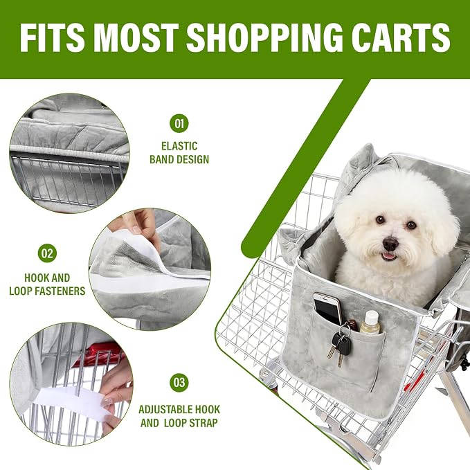 Shopping Cart Cover for Dogs, Pet Grocery Cart Cover with Sponge Padding and Sewn-in Storage Pockets on Both Sides, Foldable & Portable with Integrated Carry Bag