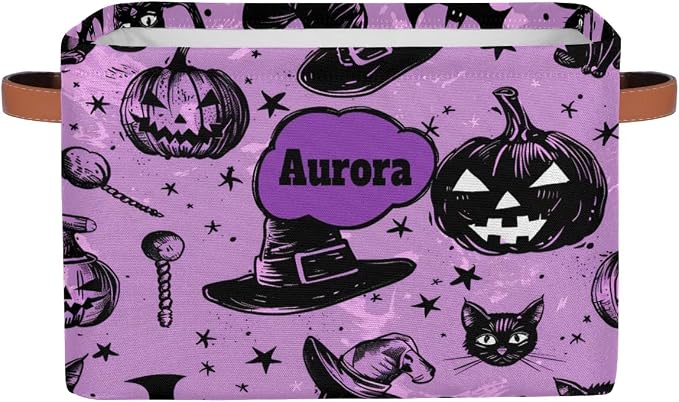Personalized Name Storage Basket Handles for Girls, Canvas Storage Bins Toys Clothes Organizer for Bedroom, Kitchen, Bathroom, Nursery, Shelves, Closets, Hand Drawn Pumpkin Cat Witch Hat Purple
