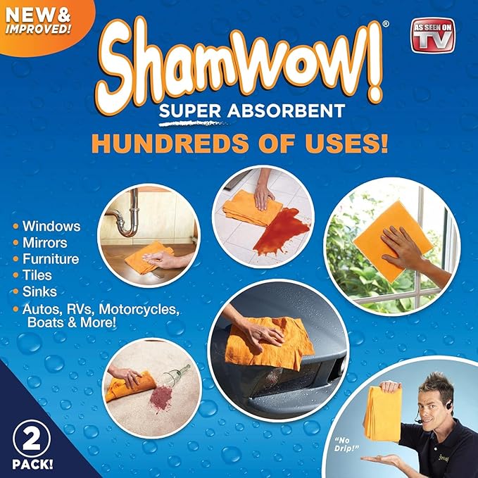 ShamWow 2-Pack (20"x27") -Shammy Super Absorbent Multi-Purpose Home Cleaning, Chamois Towel for Cars, Lint-Free, Streak-Free & Scratch-Free, Holds 10x Its Weight, Machine Washable, Orange