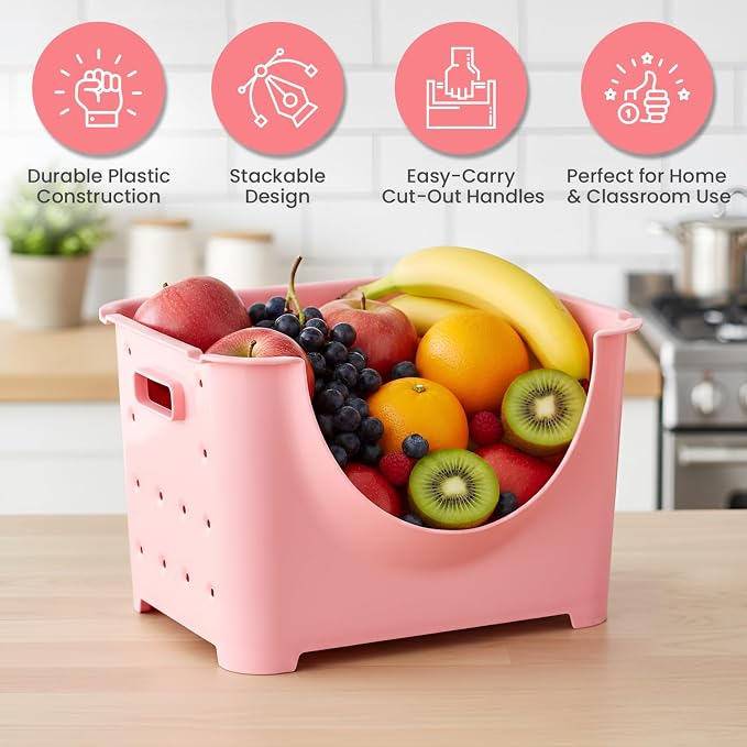 Basicwise Stackable Plastic Storage Container Stacking Bins, Pink (QI003215P)