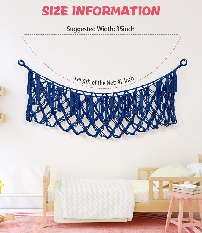 Stuffed Animal Net Hammock, Save Space Eliminate Clutter (Sapphire Blue) | Premium Cotton Hand-knitted plush hammock, Boho Stuffed Animal Storage for Nursery, Bedroom Decor, playrooms