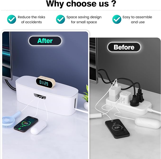 Cable Management Box, Large Cord Organizer Box to Hide Power Strip | Under Desk Cable Management, TV Computer Wires Cable Organizer, Desk Cord Hider, Baby Proofs, for Home/Office