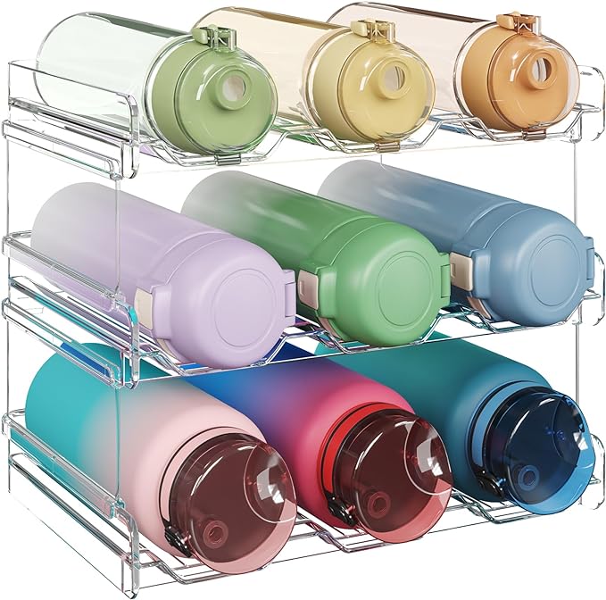 Lifewit Stackable Water Bottle Organizer for Cabinet, Clear Tumbler Holder | Large Slot for Up to 32 oz Cups, Plastic Wine Rack for Fridge, Pantry, Kitchen Organization & Storage, 3-Tier Holds 9 Bottles