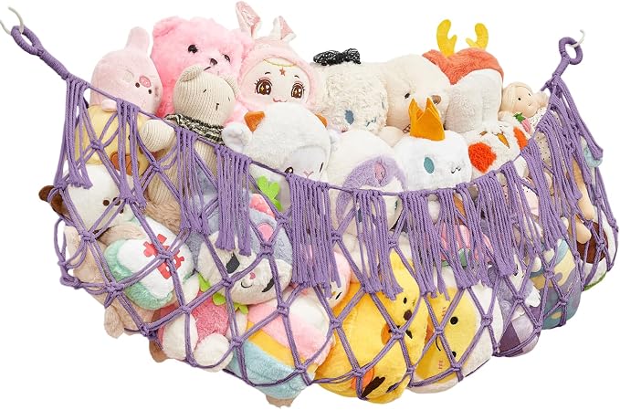 Stuffed Animal Net Hammock, Save Space Eliminate Clutter (Lavender) | Premium Cotton Hand-knitted plush hammock, Boho Stuffed Animal Storage for Nursery, Bedroom Decor, playrooms