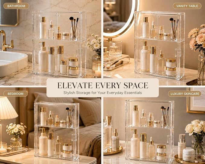 2-Tier Acrylic Display Case with Magnetic Door, Clear Makeup & Skincare Organizer for Bathroom Countertop, Dustproof Vanity Storage Cabinet for Cosmetics, Perfume & Beauty Products