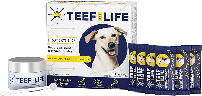 Teef For Life Protektin42 Plant-Derived Prebiotic Dental Powder for Dogs, Daily Dental Care, Clinically-Proven Formula Naturally Fights Plaque and Tartar, Dental Kit with 180 Servings