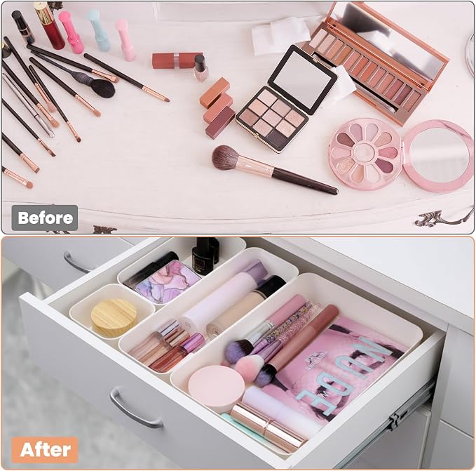 9 Pcs stackable drawer organizer Set, Multifunctional desk drawer organizer Trays for Vanity, Bathroom, Kitchen, Office, Plastic Storage Bins in Beige, 5 Sizes