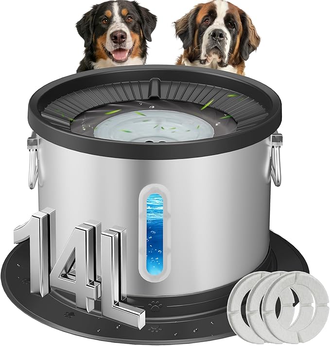UPSKY 14L No Spill Dog Water Bowl, Stainless Steel Spill Proof Dog Bowl with Water Window, Dual-Suction Anti-Slip Large Capacity Slow Drinking Bowl with Floating Disk for Large Dogs & Messy Drinkers