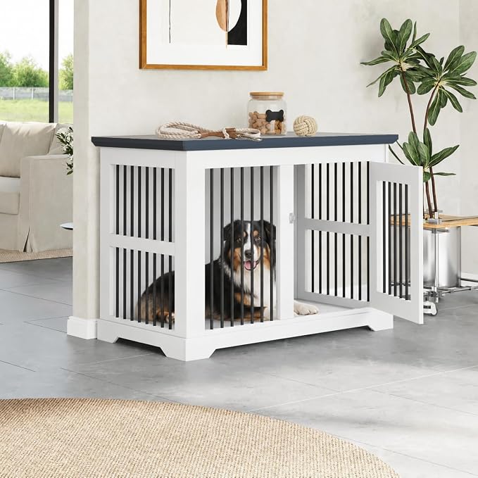 44" Wooden Dog Crate Furniture,Large Kennel Pet Cage End Table for Indoor | for XXL XL Medium Dogs, White and Grey, Fits Living Room Bedroom, Heavy Duty Steel Frame with Lock 100 lbs Cap, 100 lbs Top.