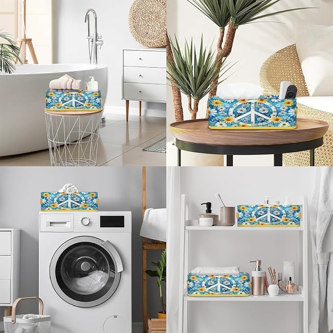 Peace Sign Daisy Bathroom Storage Basket, Foldable with Handle Open Countertop Paper Towel Decorative Box, Toilet Tank Top Shelf Baskets for Home Closet Bedroom Living Room Office