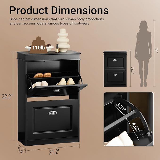 Haotian Small Shoe Cabinet | Two Flip Drawers Freestanding Shoe Rack, Shoe Storage Cupboard Organizer, FSR78-SCH