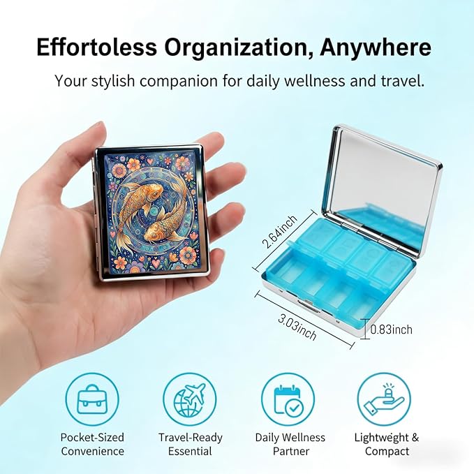 Weekly Pill Organizer, Metal Pill Box with 8 Compartments, Small Travel Pill Case for Purse Pocket, Medicine Vitamin Supplement Organizer (Zodiac Koi)