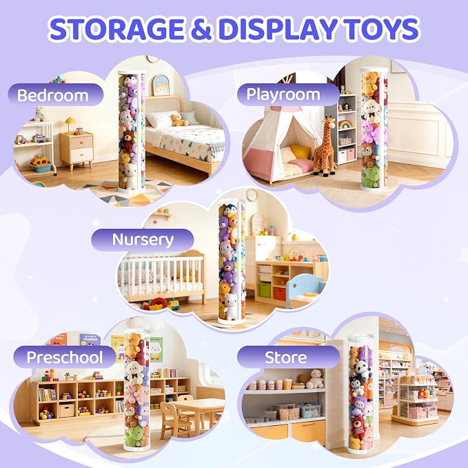 Stuffed Animal Storage Tube, Dust-Resistant 47x11 Inches Large Capacity Toy Storage Organizer with Zipper, Easy Assembly & Space Saving for Plush Toys, Playrooms Living Rooms Bedrooms White