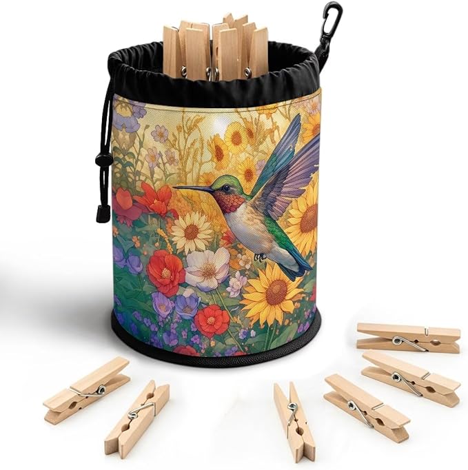 Hummingbird Floral Laundry Peg Bag with Drawstring, Clothespin Organizer Pouch with Hanging Loop, Portable Storage for Clips, Perfect for Drying Rack, Camping, Dorm Room