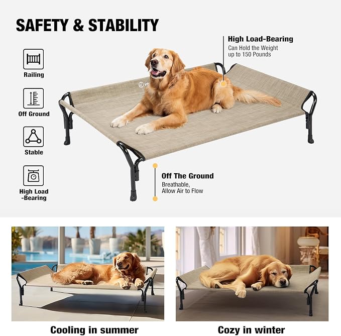 Veehoo Cooling Elevated Dog Bed, Raised Dog Cot with Guardrail & Headrest | Washable Dog Couch Bed for Indoor & Outdoor, Durable Breathable Teslin Mesh, Non-Slip Feet, Large 47" x 32", Beige Coffee