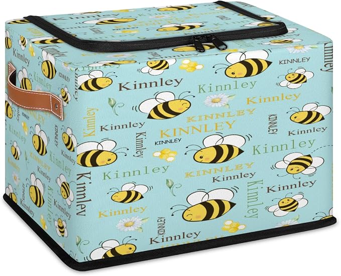 Personalized Red Storage Bins with Zipper Lid, Customized Name Storage Basket Rectangle Clothes Organizer for Kids Pets Toys Shelf Closet, Cartoon Bee with Daisy Floral Light Turquoise