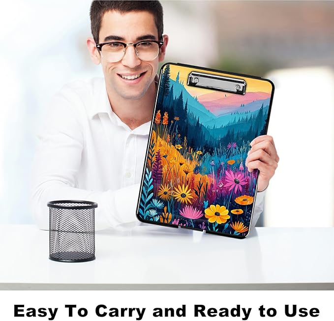 Heavy Duty Storage Clipboard, Slim Nursing Clipboard with Internal Pen Case, Portable File Organizer Case for A4 Letter Size Paper Office Medical Professionals, Mountain Wildflowers