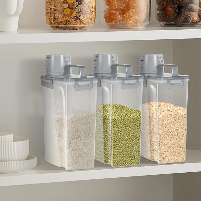 LEAWALK Airtight Rice Storage Container, 3-5Lbs Cereal Dry Food Flour Bin, Pet Dog Cat Food Dispenser with Measuring Cup, BPA Free Plastic Kitchen and Pantry Organization Bin for Sugar-Clear Grey