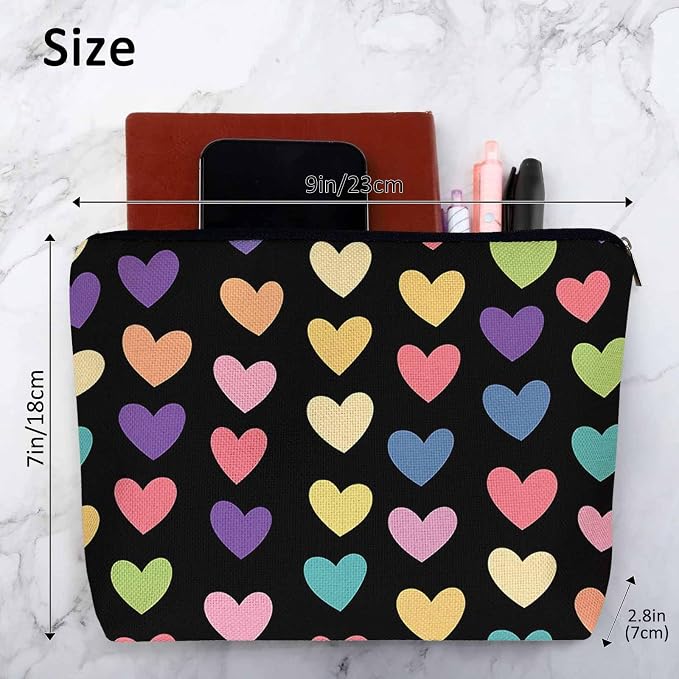 Makeup Bag Heart Makeup Bags For Purse Pouch, Colorful Love Hearts Travel Toiletry Bag Cosmetic Bag Makeup Bags Flax Makeup Organizer Bag Pencil Pouch For Man Woman